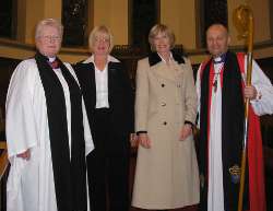 The Rev Elizabeth Hanna, her sisters Ellen Wort and Mary Moreland, and the Rt Rev Alan Abernethy, Bishop of Connor, at the institution in St Nicholas on April 3.